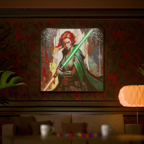 Light Sword Woman made out of 17,132 LEGO-Compatible bricks on a luxurious home background.