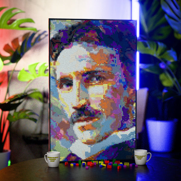Nikola Tesla (Engineer and futurist) made out of 10,769 LEGO-Compatible bricks on a table with stylish luxury studio background.