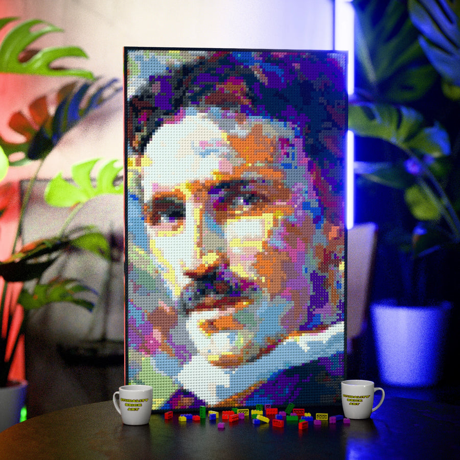 Nikola Tesla (Engineer and futurist) made out of 10,769 LEGO-Compatible bricks on a table with stylish luxury studio background, built with 1x1 square plates.