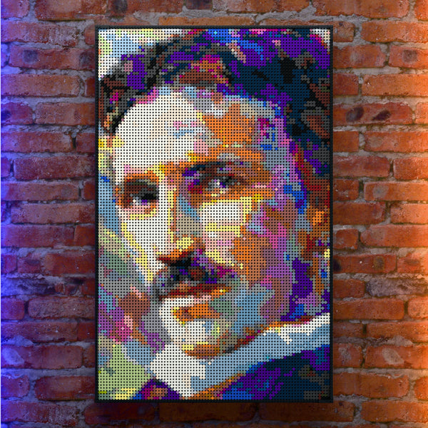 Nikola Tesla (Engineer and futurist) made out of 10,769 LEGO-Compatible bricks on a real red-brick wall background with good lighting.