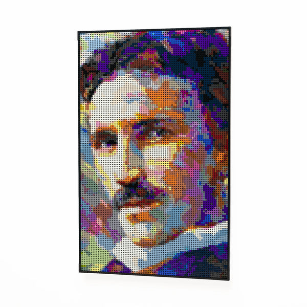 Nikola Tesla (Engineer and futurist) made out of 10,769 LEGO-Compatible bricks on a white clean background.