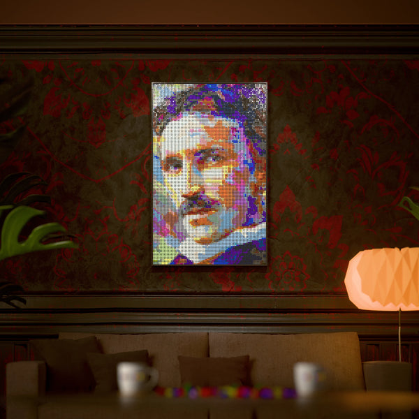 Nikola Tesla (Engineer and futurist) made out of 10,769 LEGO-Compatible bricks on a luxurious home background.