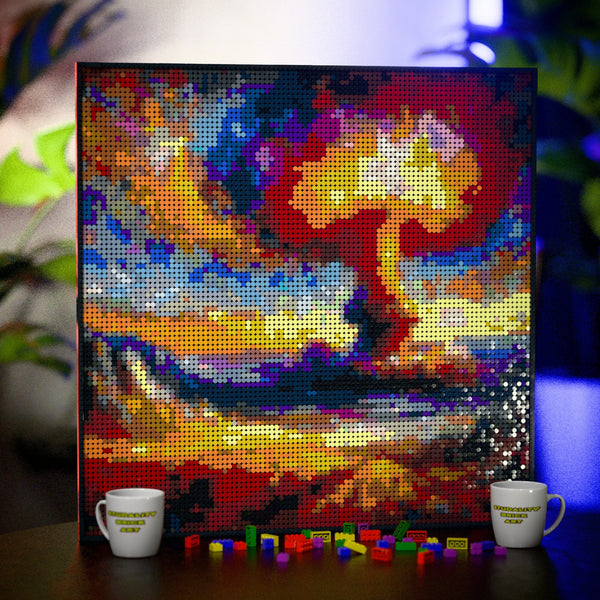 Nuclear Explosion made out of 9,700 LEGO-Compatible bricks on a table with stylish luxury studio background.