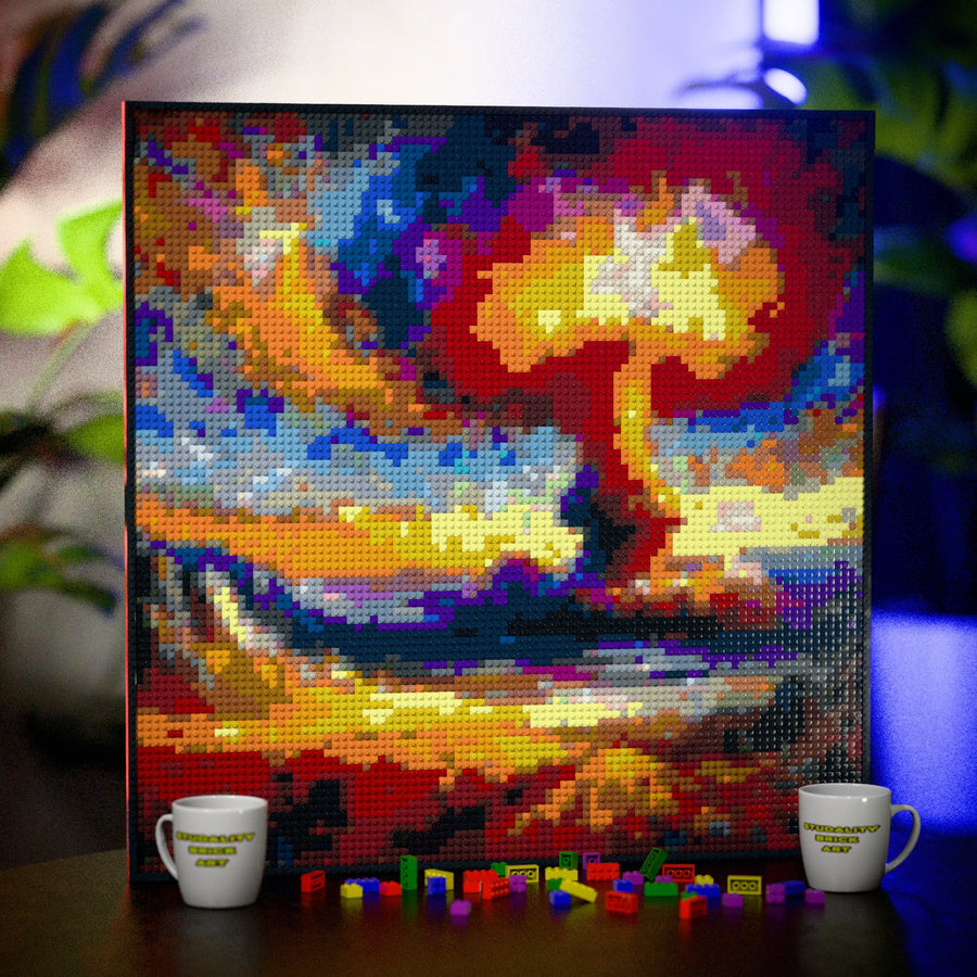 Nuclear Explosion made out of 9,700 LEGO-Compatible bricks on a table with stylish luxury studio background, built with 1x1 square plates.
