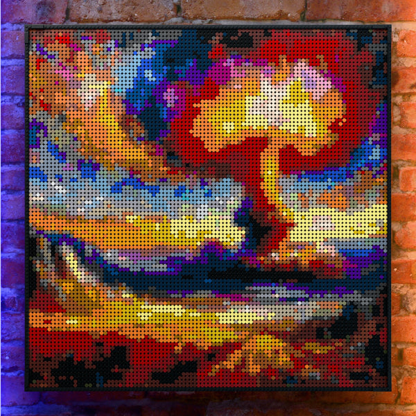Nuclear Explosion made out of 9,700 LEGO-Compatible bricks on a real red-brick wall background with good lighting.