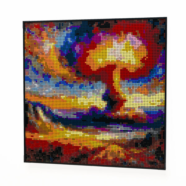 Nuclear Explosion made out of 9,700 LEGO-Compatible bricks on a white clean background.