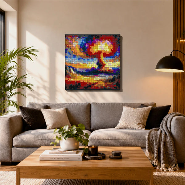 Nuclear Explosion made out of 9,700 LEGO-Compatible bricks on a ikea scandinavian home background.