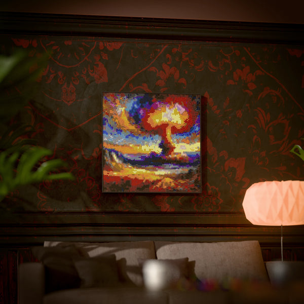 Nuclear Explosion made out of 9,700 LEGO-Compatible bricks on a luxurious home background.