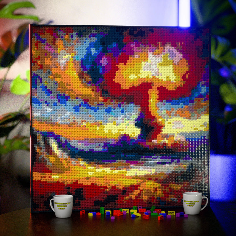 Nuclear Explosion made out of 13,153 LEGO-Compatible bricks on a table with stylish luxury studio background, built with 1x1 square plates.
