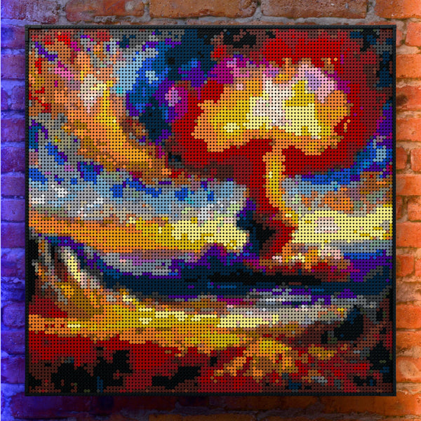 Nuclear Explosion made out of 13,153 LEGO-Compatible bricks on a real red-brick wall background with good lighting.