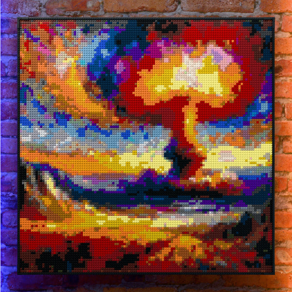 Nuclear Explosion made out of 13,153 LEGO-Compatible bricks on a real red-brick wall background with good lighting, built with 1x1 square plates.
