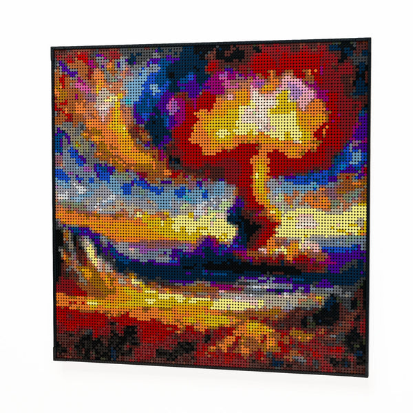 Nuclear Explosion made out of 13,153 LEGO-Compatible bricks on a white clean background.