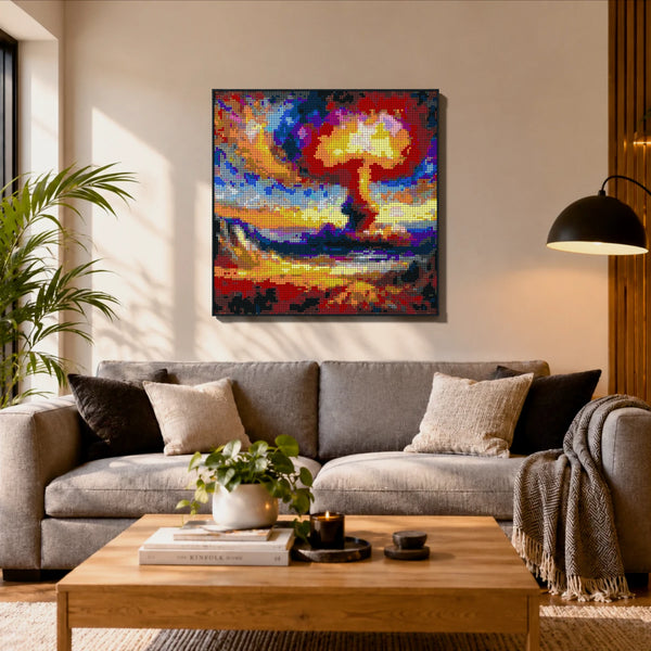 Nuclear Explosion made out of 13,153 LEGO-Compatible bricks on a ikea scandinavian home background.