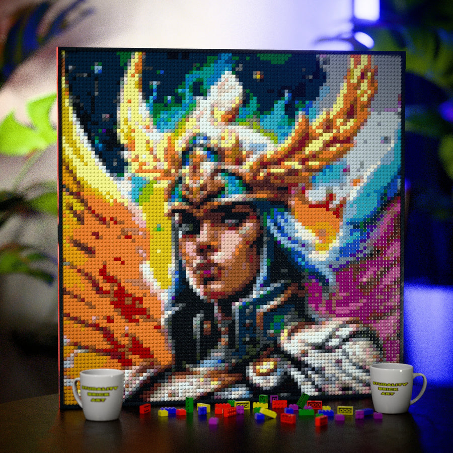 Odin's Valkyrie made out of 9,700 LEGO-Compatible bricks on a table with stylish luxury studio background, built with 1x1 square plates.