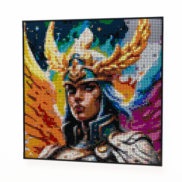 Odin's Valkyrie made out of 9,700 LEGO-Compatible bricks on a white clean background.