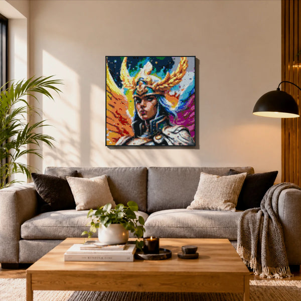 Odin's Valkyrie made out of 9,700 LEGO-Compatible bricks on a ikea scandinavian home background.