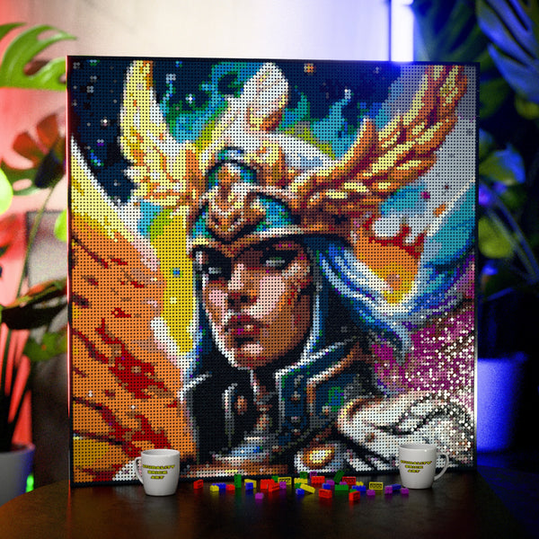 Odin's Valkyrie made out of 17,132 LEGO-Compatible bricks on a table with stylish luxury studio background.