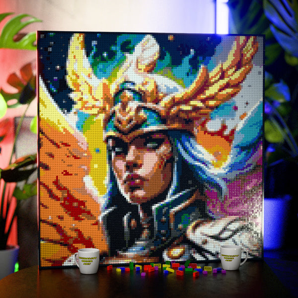 Odin's Valkyrie made out of 17,132 LEGO-Compatible bricks on a table with stylish luxury studio background, built with 1x1 square plates.