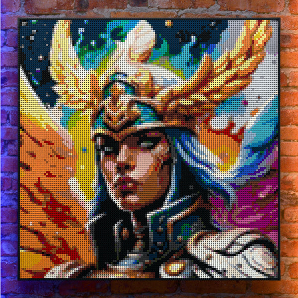 Odin's Valkyrie made out of 17,132 LEGO-Compatible bricks on a real red-brick wall background with good lighting.