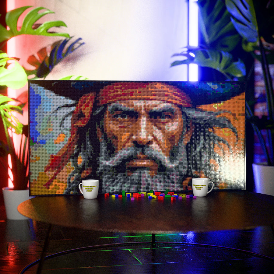 Pirate Man made out of 13,433 LEGO-Compatible bricks on a table with stylish luxury studio background, built with 1x1 square plates.