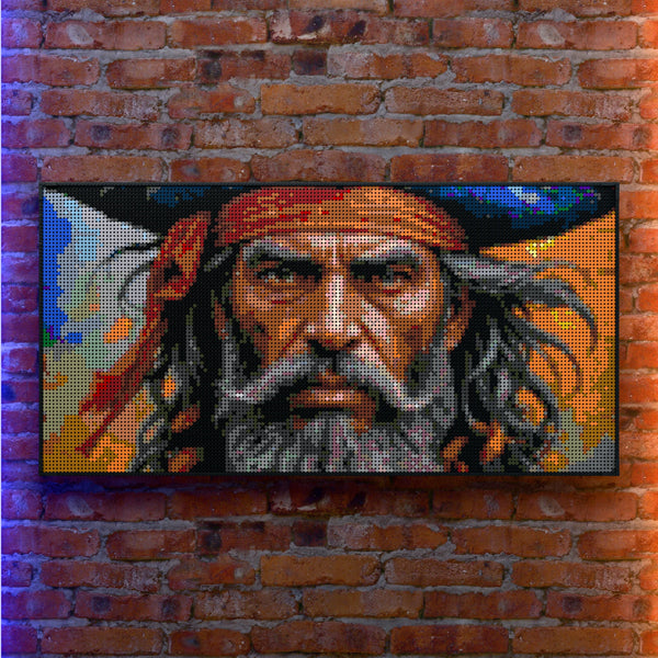 Pirate Man made out of 13,433 LEGO-Compatible bricks on a real red-brick wall background with good lighting.