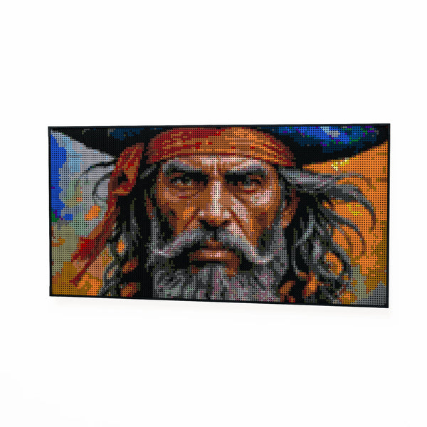 Pirate Man made out of 13,433 LEGO-Compatible bricks on a white clean background.