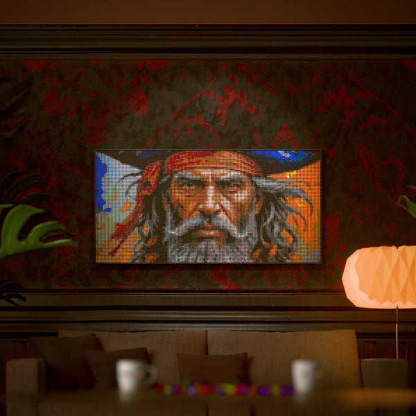 Pirate Man made out of 13,433 LEGO-Compatible bricks on a luxurious home background.
