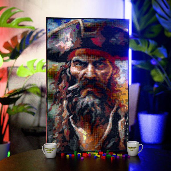 Pirate Man made out of 10,769 LEGO-Compatible bricks on a table with stylish luxury studio background.