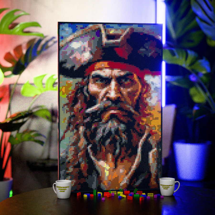 Pirate Man made out of 10,769 LEGO-Compatible bricks on a table with stylish luxury studio background, built with 1x1 square plates.