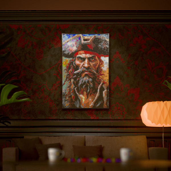 Pirate Man made out of 10,769 LEGO-Compatible bricks on a luxurious home background.