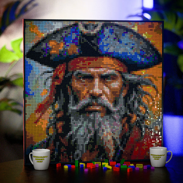 Pirate Man made out of 9,700 LEGO-Compatible bricks on a table with stylish luxury studio background.