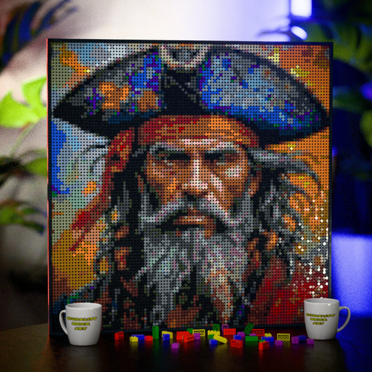 Pirate Man made out of 9,700 LEGO-Compatible bricks on a table with stylish luxury studio background.