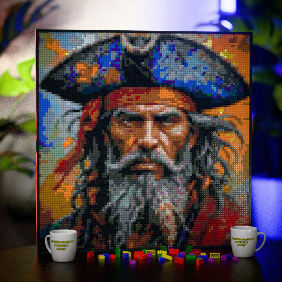 Pirate Man made out of 9,700 LEGO-Compatible bricks on a table with stylish luxury studio background, built with 1x1 square plates.