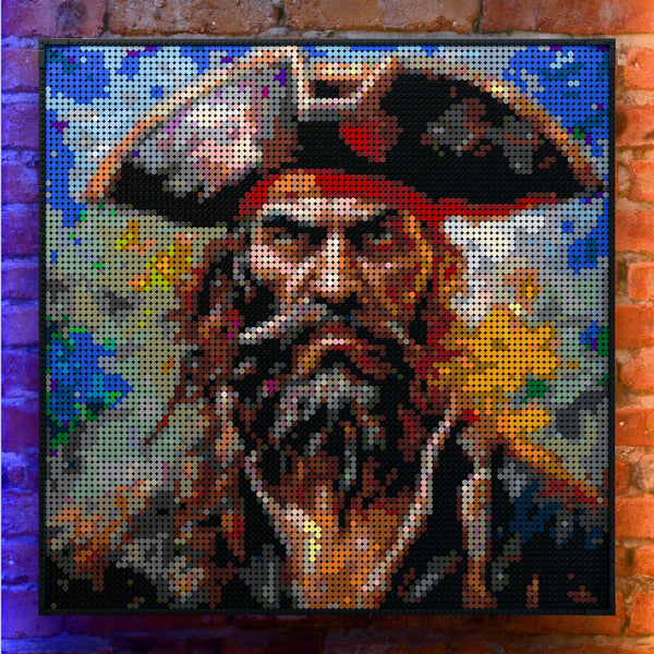 Pirate Man made out of 9,700 LEGO-Compatible bricks on a real red-brick wall background with good lighting.