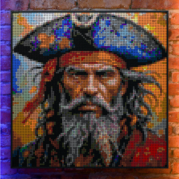 Pirate Man made out of 9,700 LEGO-Compatible bricks on a real red-brick wall background with good lighting.