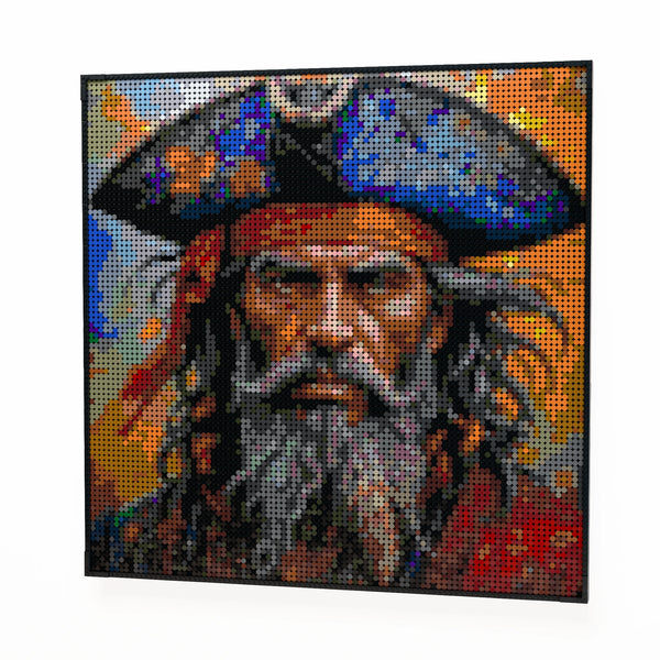 Pirate Man made out of 9,700 LEGO-Compatible bricks on a white clean background.