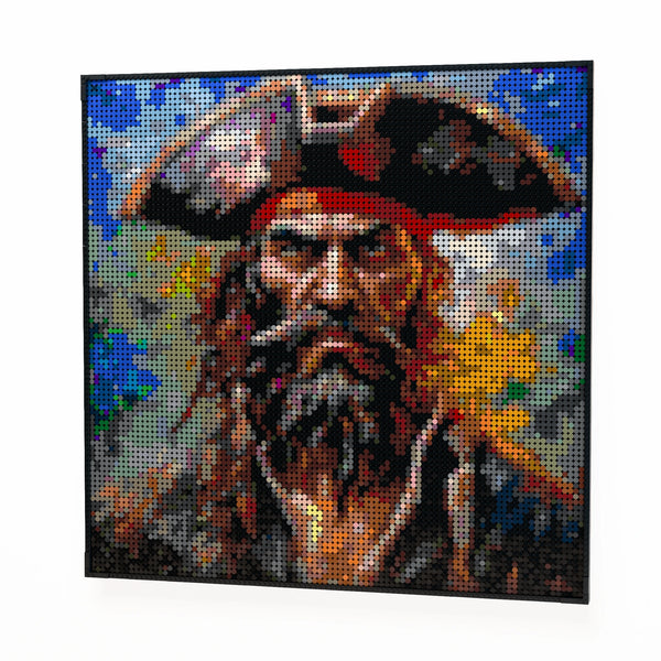 Pirate Man made out of 9,700 LEGO-Compatible bricks on a white clean background.