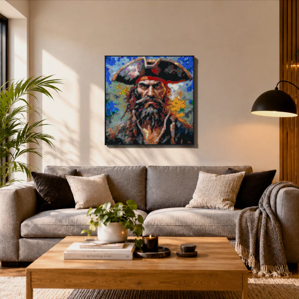 Pirate Man made out of 9,700 LEGO-Compatible bricks on a ikea scandinavian home background.
