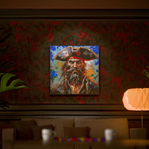 Pirate Man made out of 9,700 LEGO-Compatible bricks on a luxurious home background.