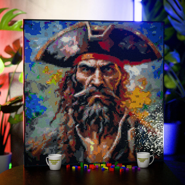 Pirate Man made out of 17,132 LEGO-Compatible bricks on a table with stylish luxury studio background.