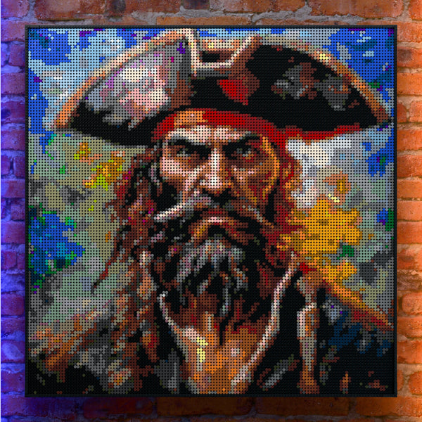 Pirate Man made out of 17,132 LEGO-Compatible bricks on a real red-brick wall background with good lighting.