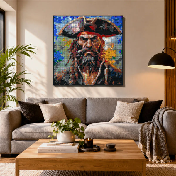 Pirate Man made out of 17,132 LEGO-Compatible bricks on a ikea scandinavian home background.