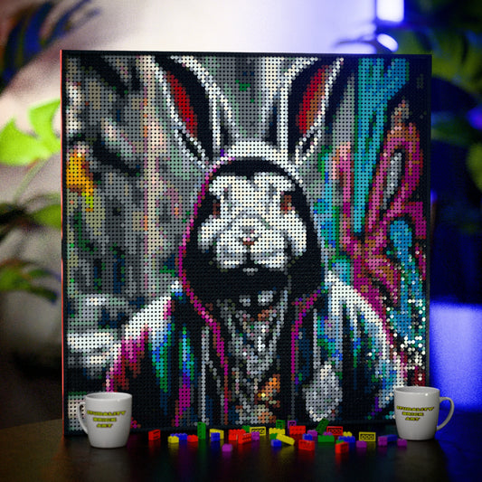 Rabbit in a Hoodie made out of 9,700 LEGO-Compatible bricks on a table with stylish luxury studio background.