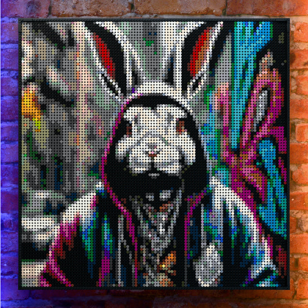 Rabbit in a Hoodie made out of 9,700 LEGO-Compatible bricks on a real red-brick wall background with good lighting.
