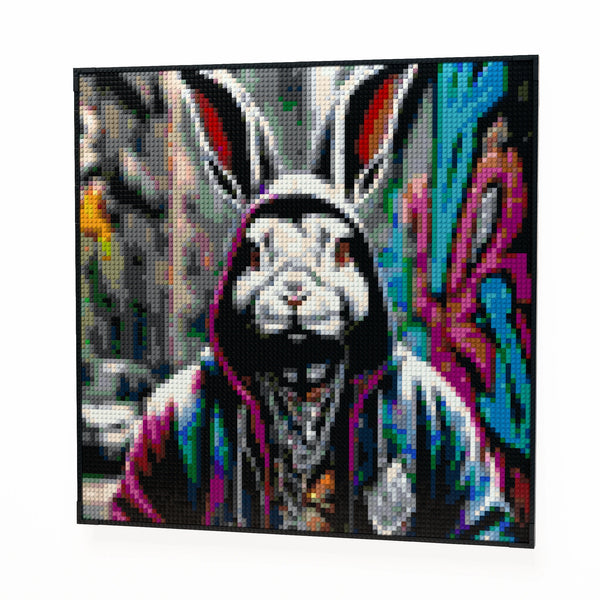 Rabbit in a Hoodie made out of 9,700 LEGO-Compatible bricks on a white clean background, built with 1x1 square plates.