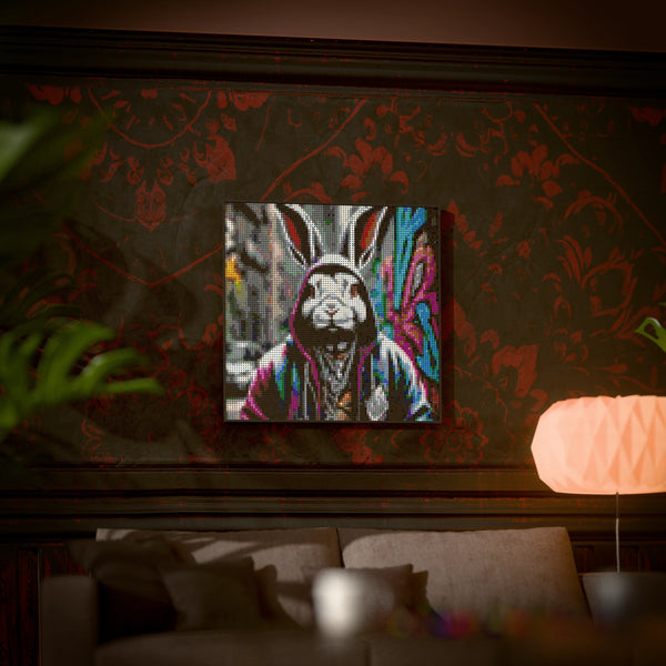 Rabbit in a Hoodie made out of 9,700 LEGO-Compatible bricks on a luxurious home background.