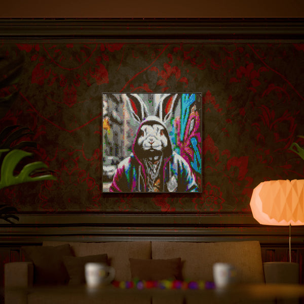 Rabbit in a Hoodie made out of 9,700 LEGO-Compatible bricks on a luxurious home background.