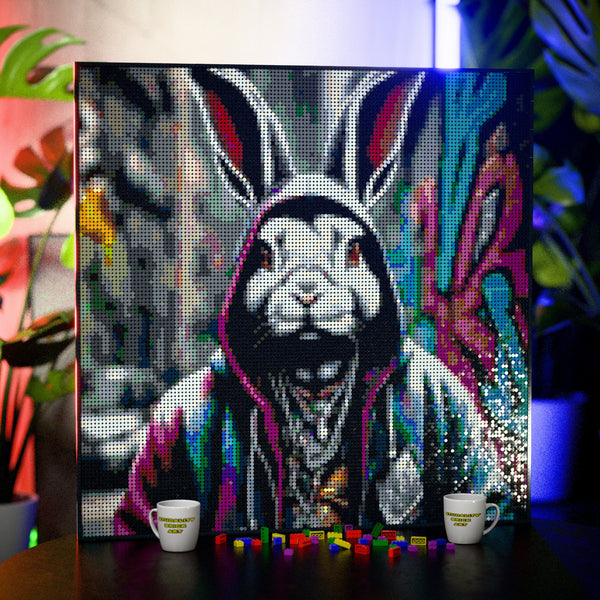 Rabbit in a Hoodie made out of 17,132 LEGO-Compatible bricks on a table with stylish luxury studio background.