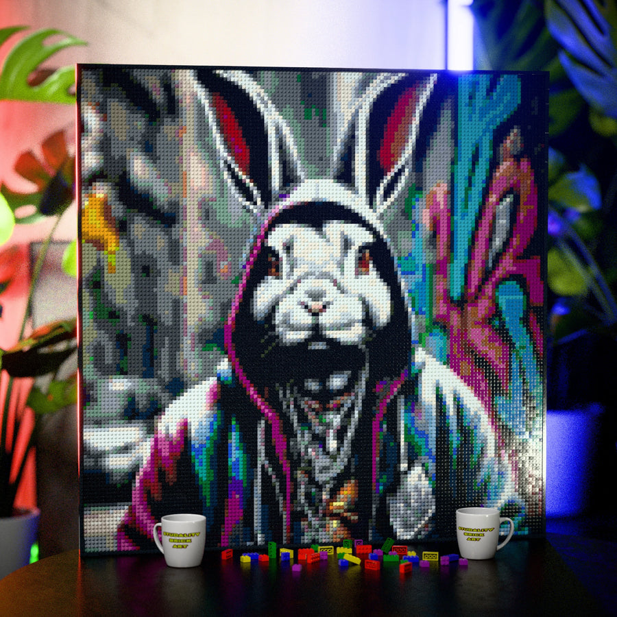 Rabbit in a Hoodie made out of 17,132 LEGO-Compatible bricks on a table with stylish luxury studio background, built with 1x1 square plates.