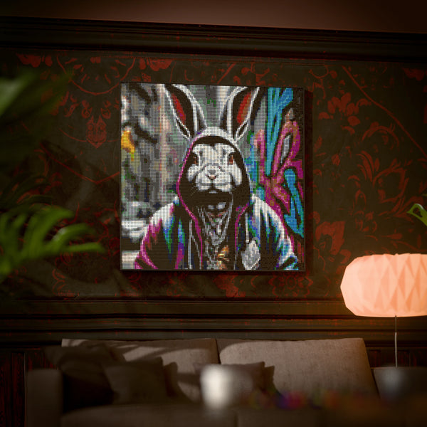 Rabbit in a Hoodie made out of 17,132 LEGO-Compatible bricks on a luxurious home background.